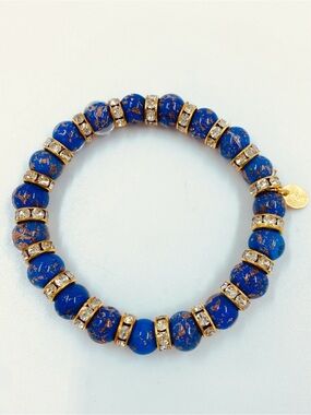 Gorgeous Murano Glass Bead Rhinestone Stretch On Bracelet Royal Blue Gold EUC